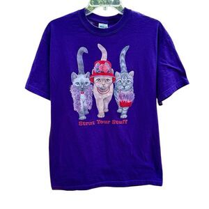 Vtg Gildan Purple Cat T-Shirt Strut Your Stuff Cat Lover Kitten Red Hat Shirt -M